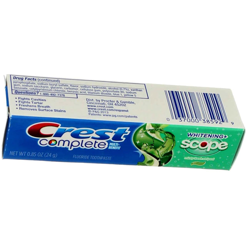 Crest Complete Whitening Plus Scope Minty Fresh Toothpaste, Travel Size, TSA Approved, 0.85 Ounce (Pack of 12) 0.85 Ounce (Pack of 12)