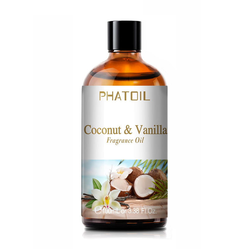 [Australia] - 100ML/3.38fl.oz Coconut & Vanilla Fragrance Oils, PHATOIL Coconut & Vanilla Oil for Diffuser, Humidifier, Scented Oils for DIY Soap, Candle Making with Premium Glass Dropper 3.38 Fl Oz (Pack of 1) 