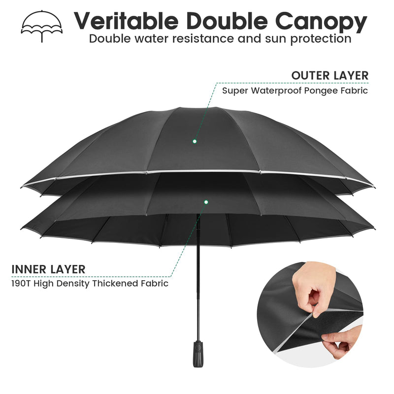 G4Free 42 Inch Eco Windproof Folding Umbrella Wind Resistant + 54 Inch Large Double Layer Inverted 12 Ribs Windproof Umbrella, with Reflective Strip