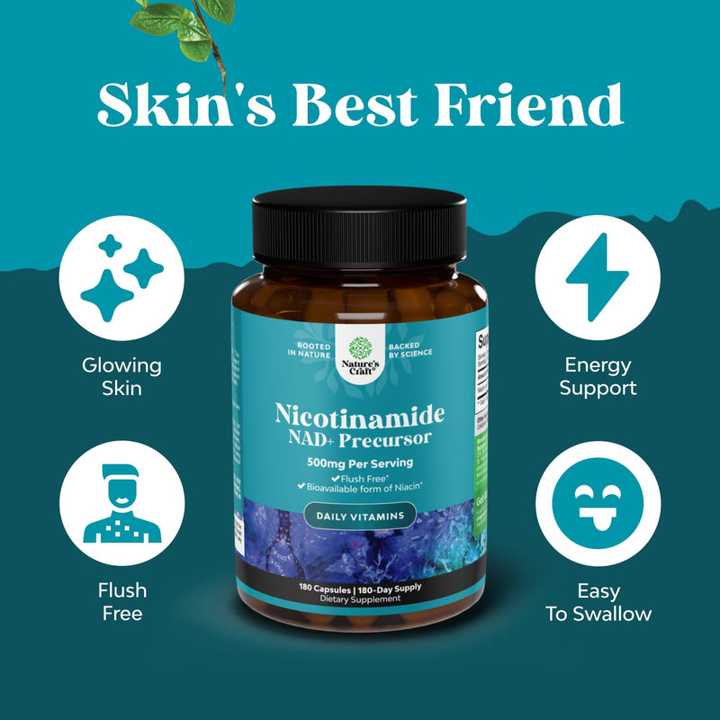 Nicotinamide 500mg Niacinamide 500mg Vitamin B3, Niacin Alternative - 180ct | Vitamin B3 as nicotinamide niacinamide supplement, 500mg per serving to support skin, cellular & metabolic health 180 Count (Pack of 1)