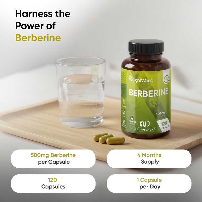 Berberine Supplement - 500mg per Capsule - 4 Months Supply - 120 Capsules - Stable Berberine Form- 1 per Day - Vegan-Friendly & Non-GMO - Sourced from Berberis Aristata