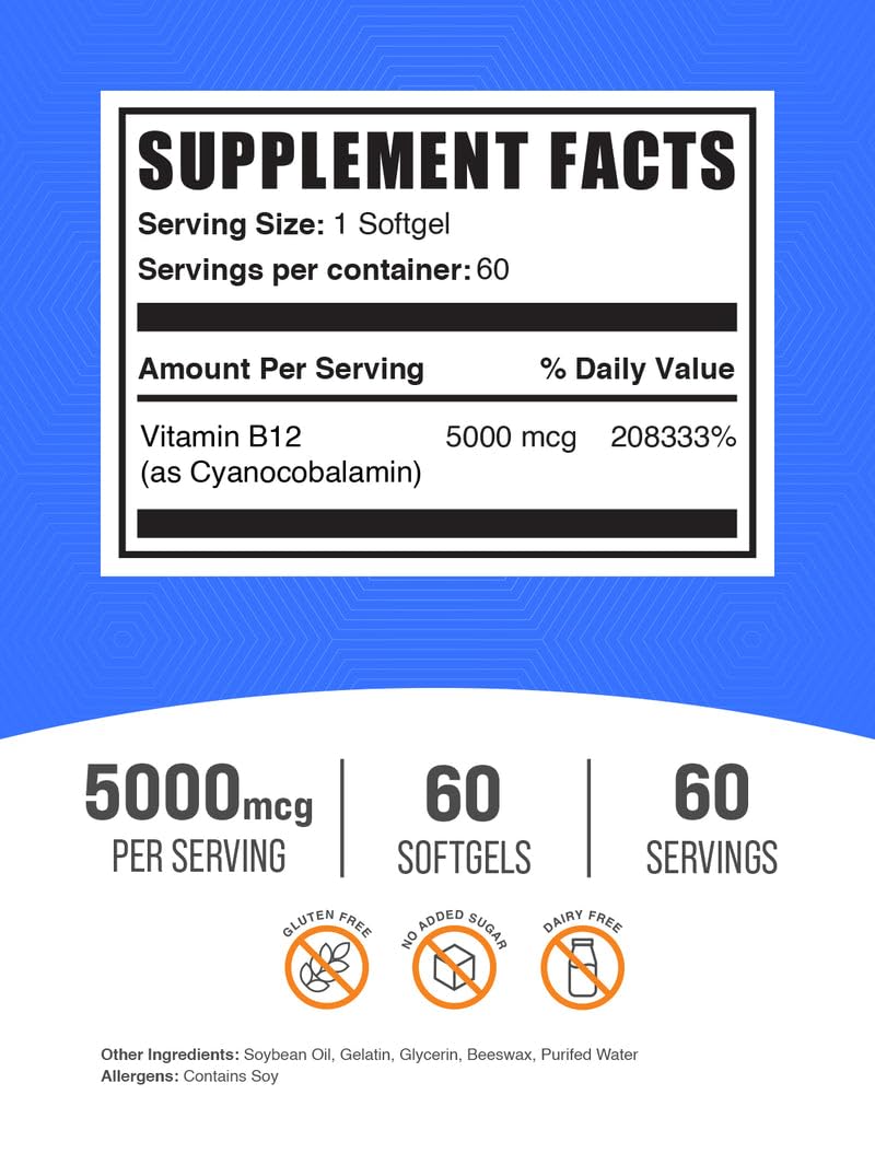 BulkSupplements.com Vitamin B12 5000 mcg Softgels - as Cyanocobalamin, Vitamin B12 Supplements, for Energy Support - Gluten Free, 1 Softgel per Serving, 60 Count (Pack of 2) 60 Count (Pack of 2)