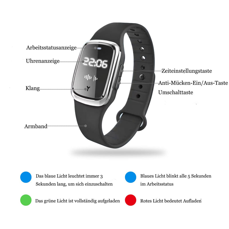 [Australia] - Feloyal Mosquito Repellent Bracelets, Rechargeable USB Ultrasonic Waterproof Anti-Mosquito Watch for Indoor and Outdoor Use, Suitable for Adults and Children (Black) 