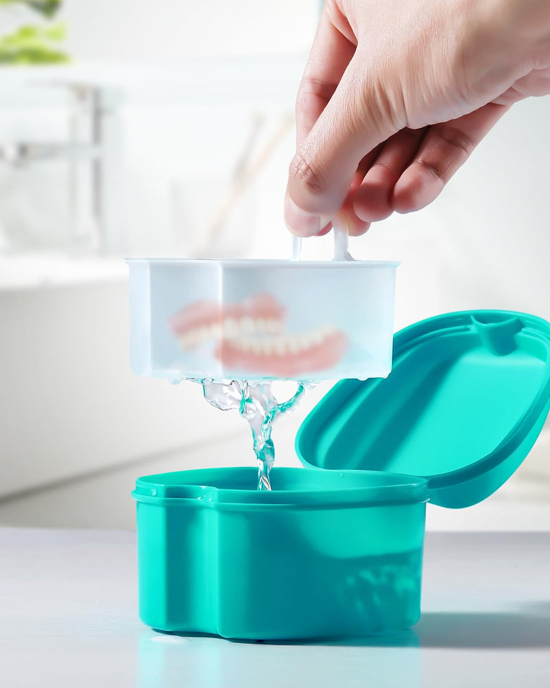 [Australia] - JMU 2pcs Denture Bath Case, Denture Cup for Soaking Dentures with Strainer Basket Tray for Dentures, Mouth Guard Storage Case (Navy Blue/Teal Blue) Navy Blue,Teal Blue 