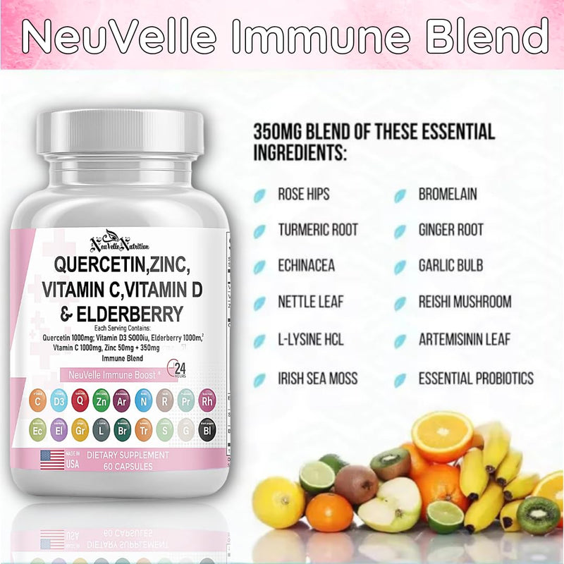 18-in-1 Immune Support Supplement - Quercetin with Bromelain, Vitamin C, D3, Zinc, Elderberry, Turmeric, Ginger, Garlic, Sea Moss, Echinacea - Immune Defense & Antioxidant