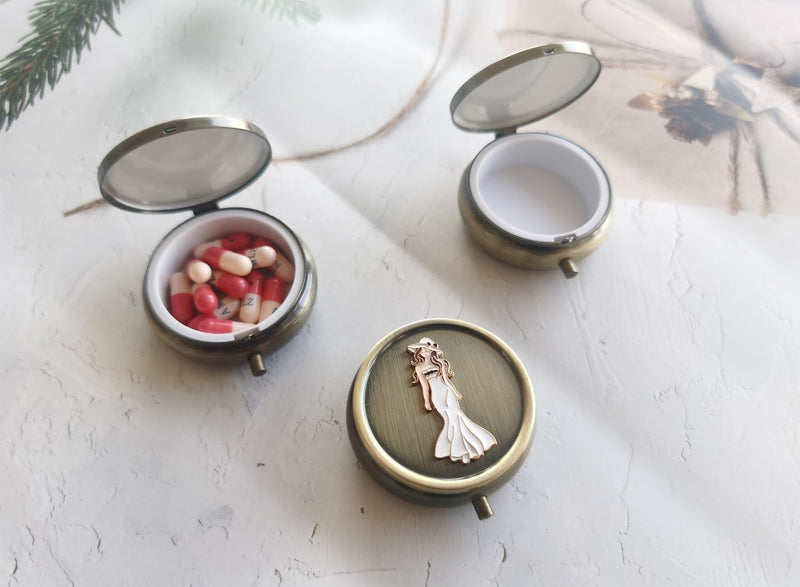 Exquisite Daily Pill Organizer Box - Weekly Vitamin Pill Box Round Metal Pill Box, Small Travel Pill Organizer Box for Purse, Round Compact Travel Medication Case (Beautiful Woman) Beautiful Woman