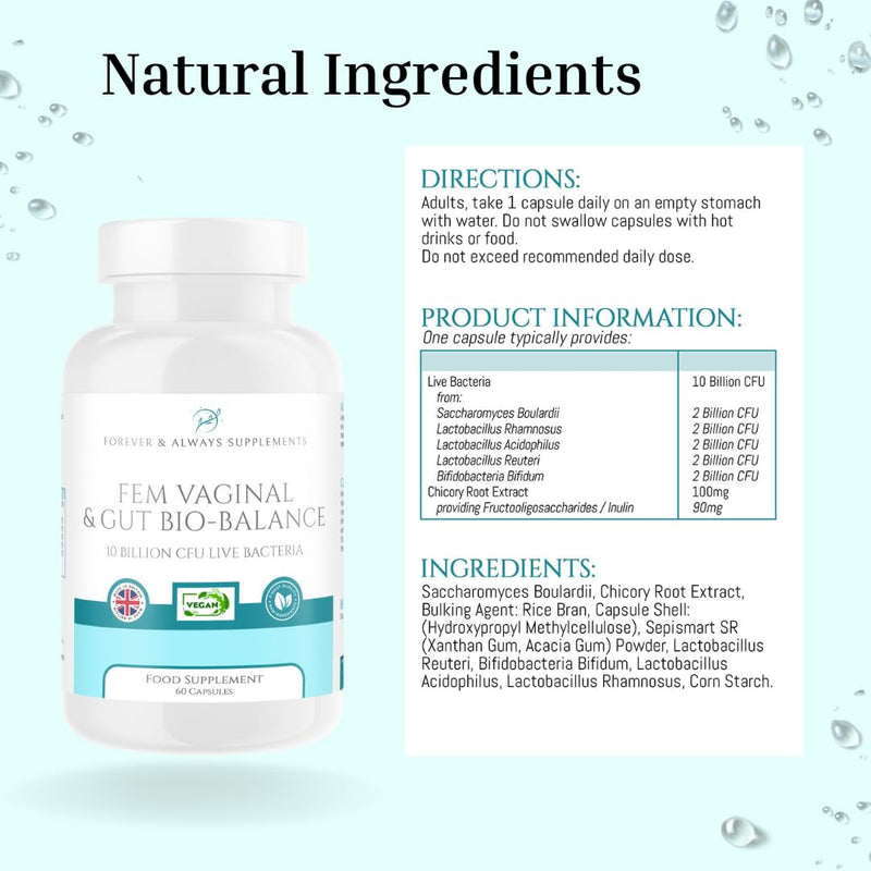 Fem Vaginal & Gut Bio-Balance - 2 Months Supply - Vegan Vaginal probiotics for Women 10 Billion CFU- Candida Yeast Balance, Urinary, Bacterial Vaginosis (BV), UTI, Good Bacteria & Gut Health Support