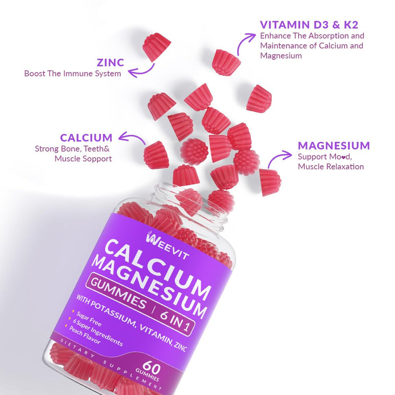 Calcium Gummies, Calcium Supplement for Women, Calcium Magnesium Zinc | Calcium with Vitamin D3 K2, Potassium for Bone, Muscle & Immune, Sugar Free, Vegan 60 Count (Pack of 2)