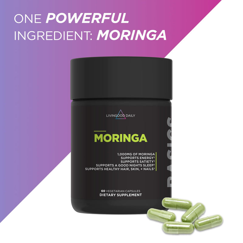 [Australia] - Livingood Daily Moringa Capsules, Moringa Supplement for Energy, Sleep, Satiety, Hair, Skin, Nails & Wellness, Plant Based Vegetarian, Gluten Free, Non GMO, Vegan, Daily Greens Superfood, 60 Capsules 