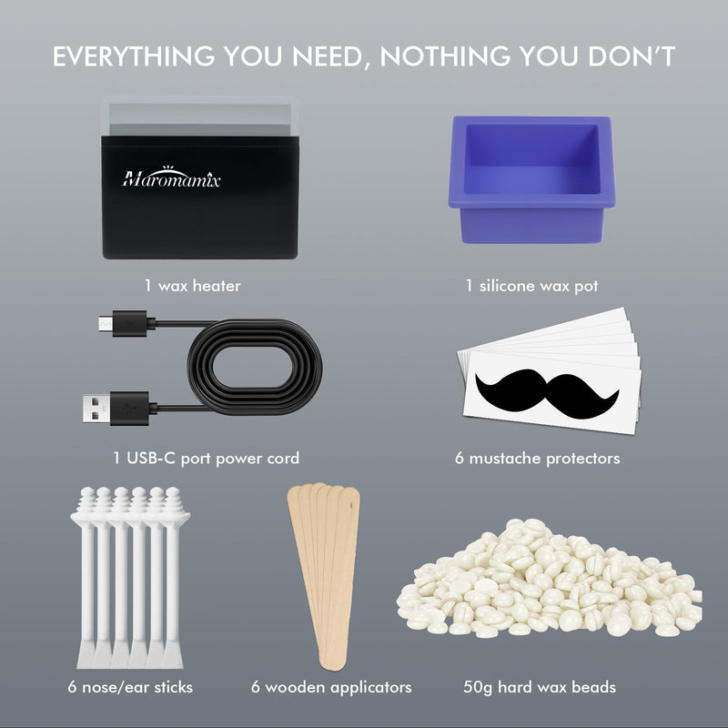 [Australia] - Nose Waxing Kit | Portable USB-Powered Wax Warmer for Nose/Ear/Eyebrow/Beard/Lip Hair Removal | Includes 50g Hard Wax Beans, 6 Applicators & 6 Nose Hair Sticks & Silicone Pot | Travel-Friendly Design Kit-Square 