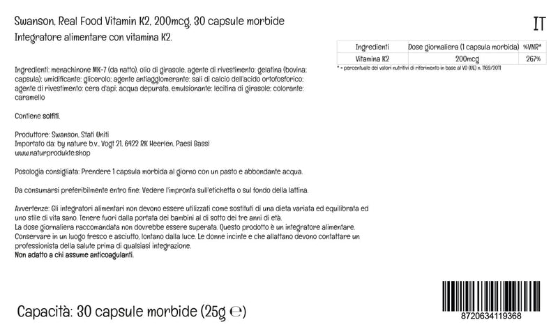[Australia] - Swanson Real Food K2 (Menaquinone MK-7), 200mcg, 30 soft capsules, high dosage, laboratory tested, soy-free, gluten-free, non-GMO 
