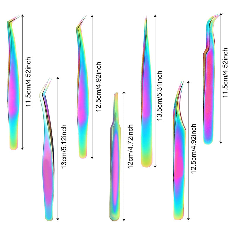 Eyelash Extension Tweezers Set, Fangze 7 Pcs Lash Kit Rainbow Stainless Steel Straight and Curved Tweezer for Nail Art Ingrown Hair Craft Eyelash Extension Tweezers
