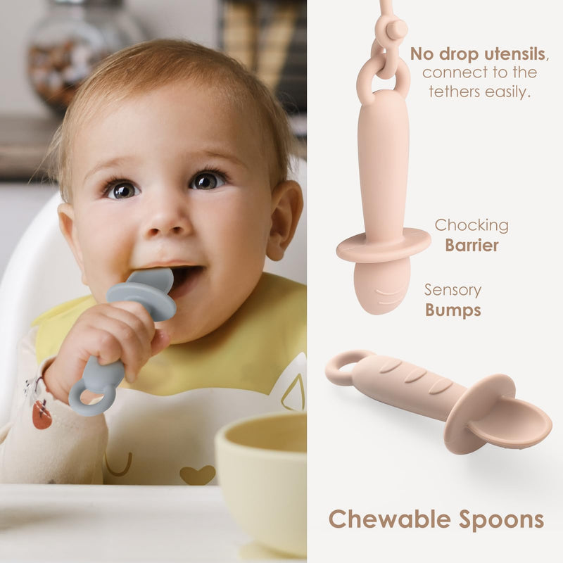 [Australia] - Silicone Plates for Babies with Suction Divided Baby Spoons Silicone Baby Toy Straps All-in-one Plates Silicone Placemat for Babies Toddlers Attachable Tethers & Built-in Suction Cups-Blush Blush 
