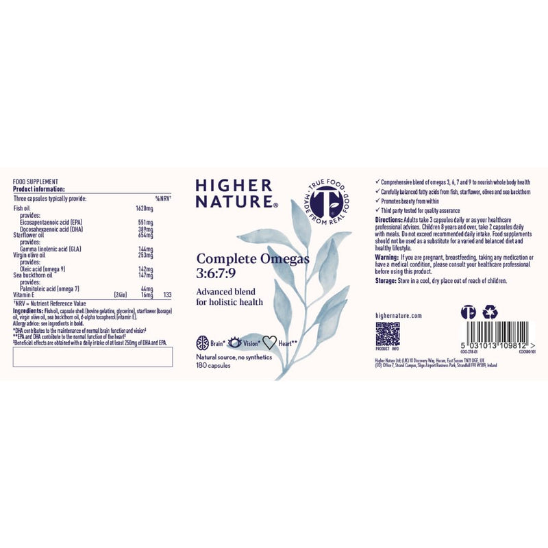 Higher Nature - Complete Omegas 3:6:7:9 - True Food® Formula - Fish Oils with Borage Oil & Virgin Olive Oil - Supports Vision, Brain Function & Cardio Health - Omega 3 6 7 9 Fatty Acids - 180 Capsules 180 count (Pack of 1)