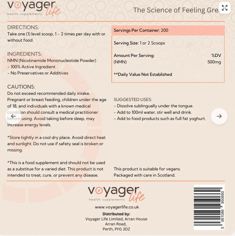 Voyager Pure NAD+ Powder Supplement | 100g Pouch – 3 Month Supply | 1g Per Serving | NAD Support for Cellular Health, Energy, Healthy Aging & Immune Support |3rd Party Tested, Non-GMO