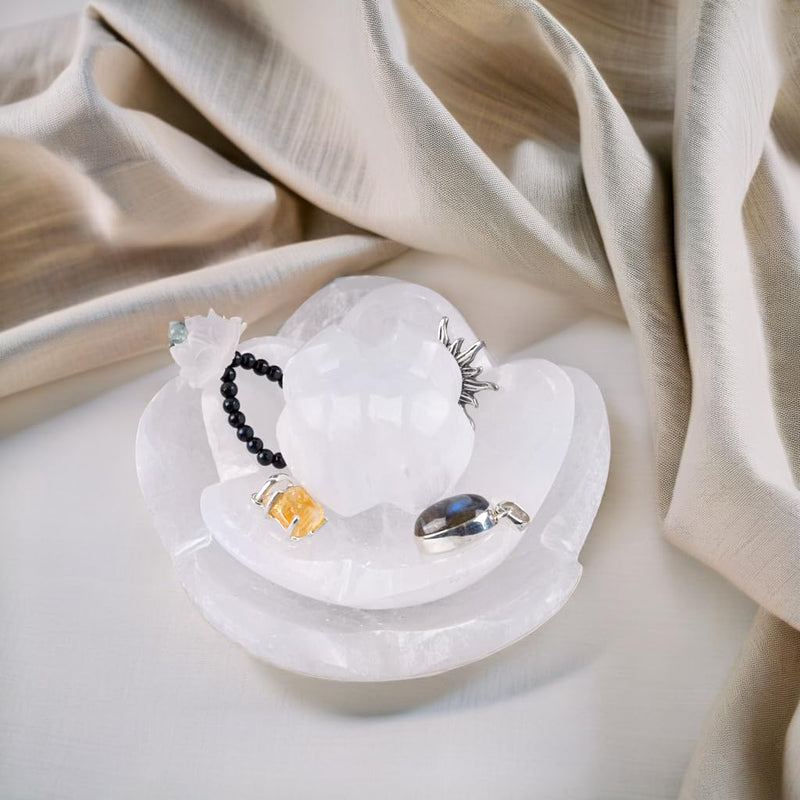 Wish Well Selenite Bowl for Crystal Charging, 4" Lotus Flower Crystal Bowl | 3 pc Lotus Flower Bowl for Cleansing Healing Stones, Protection Crystals, Spiritual Gifts & Decor, Crafted in Morocco 4" Lotus Flower Bowl