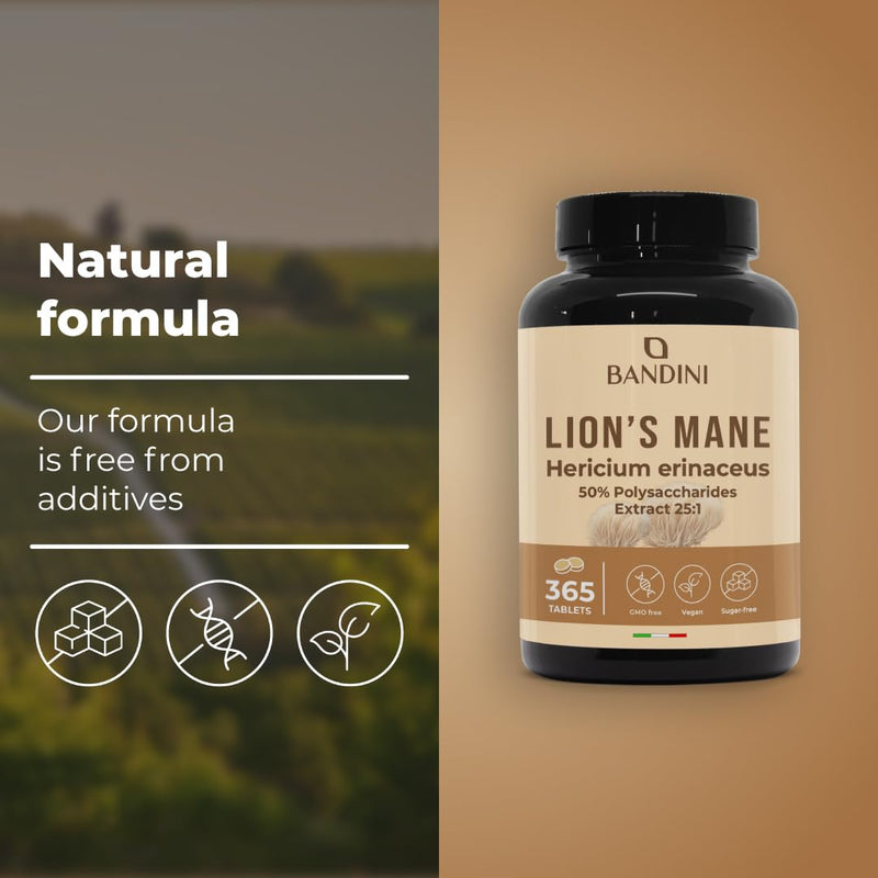 Bandini® Lions Mane Mushroom 2000mg - 365 High Strength Vegan Tablets 1 Year Supply - Hericium Erinaceus 25:1 Extract with Black Pepper - 50% Polyphenols - Lion's Mane Alternative to Powder & Capsules