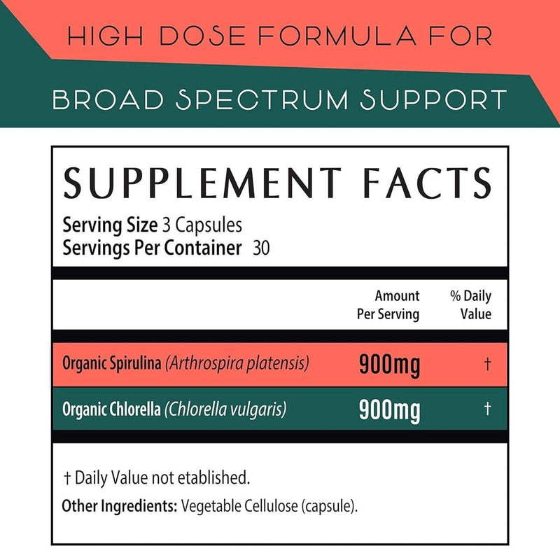 [Australia] - Organic Spirulina and Chlorella Capsules – 180 Chlorophyll Pills, Blue Green Algae Powder Capsules to Support Detox, Mitochondria & Energy– 3X More Chlorella Spirulina Powder/Serving 