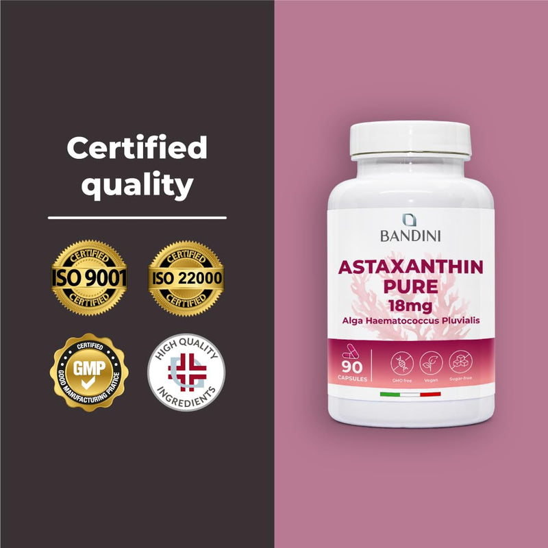 Bandini® Pure Astaxanthin 18 mg per capsule | 90 capsules - 3 months' supply | Powerful natural antioxidant from Haematococcus Pluvialis algae - Natural Astaxanthine, Magnesium stearate-free, GMO-free