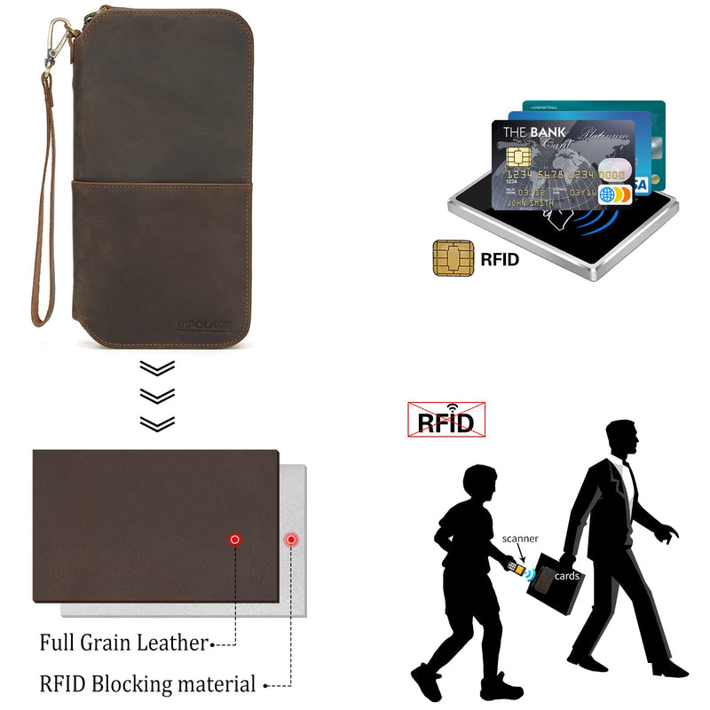 Polare Full Grain Leather Family Passport Holder Travel Wallet and Documents Organizer RFID Blocking Case Fits 6 Passports Dark Brown
