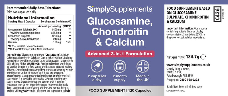 Glucosamine, Chondroitin & Calcium Supplement | Supports Bone & Muscle | 2KCl Glucosamine Sulphate & Chondroitin Sulphate | 240 Capsules = 4-Month Supply | Made in The UK to GMP Standards Unflavoured 1 count (Pack of 240)