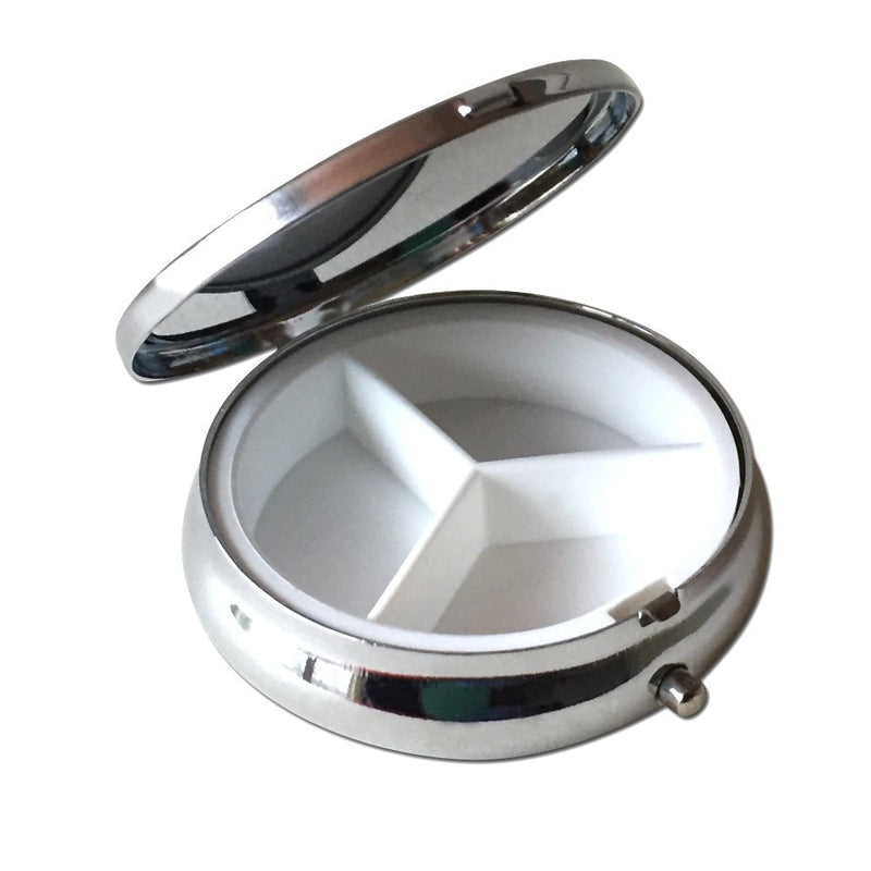 Dalmatian Silver Pill Box – Round 3-Compartment Metal Pill Organizer, Compact 2-Inch Travel Pill Case for Purse or Pocket