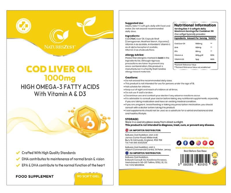 Natures Zest Cod Liver Oil 1000mg – High Strength Omega-3 with Vitamin A & D3, 90 Soft Gel Capsules – Supports Heart, Brain & Vision – Made in UK
