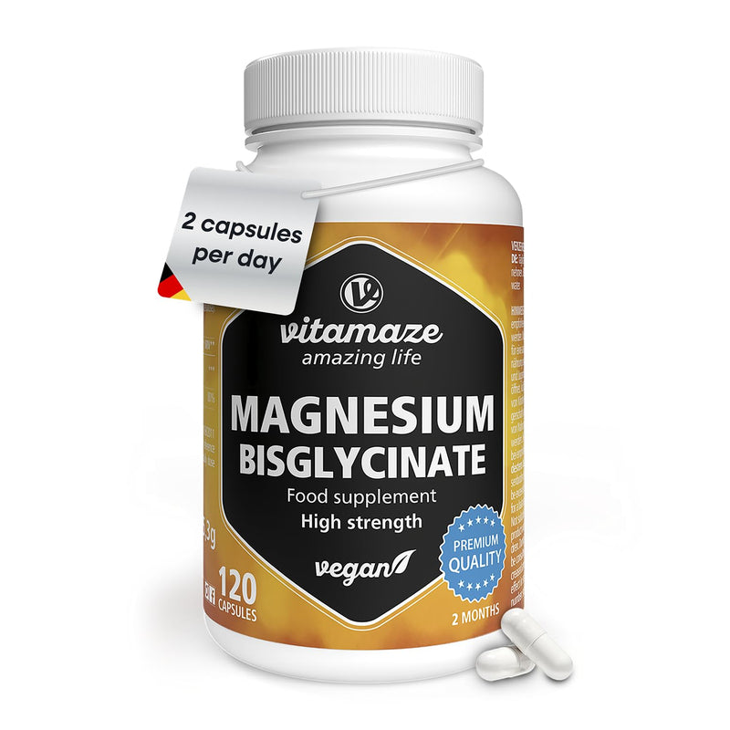 Magnesium Bisglycinate 1500 mg in only 2 small capsules per day, highly dosed & Vegan, 120 Capsules for 2 Months, 300 mg Elemental Magnesium, Bones and Sleep without additives made in Germany Vitamaze 120 count (Pack of 1)