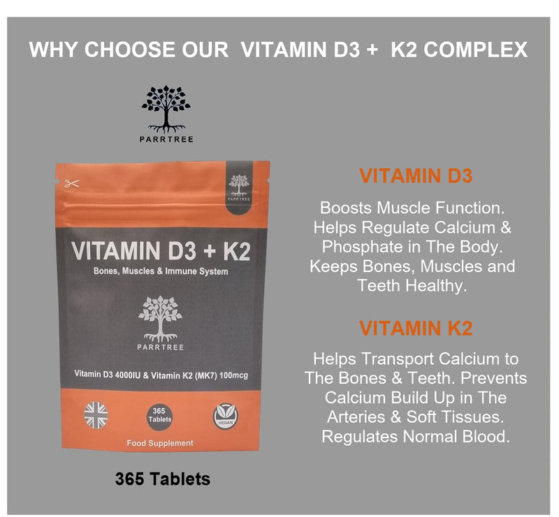 Vitamin D3 & Vitamin K2 (MK7)- 365 Tablets 1 Year Supply - High Strenght Vitamin D3 4000 iu & Vitamin K2 100ug Supplement- UK Made