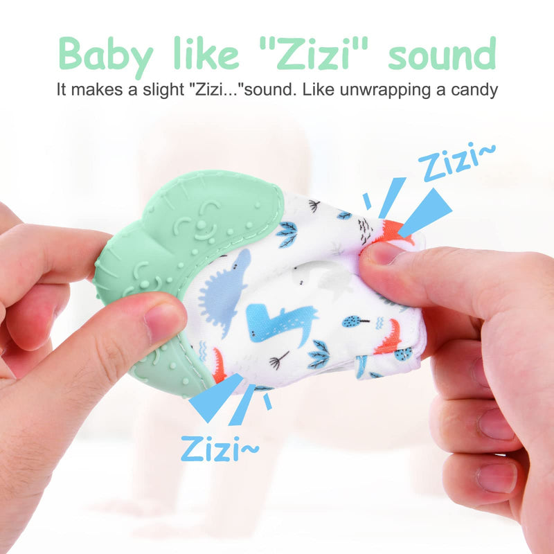 [Australia] - 2Pack Silicone Teething Mitt, Soothing Infant Teething Mitten Pain Relief, Prevent Scratches Glove, Safe Silicone Teething Toys for 0-12 Months green dinosaur 