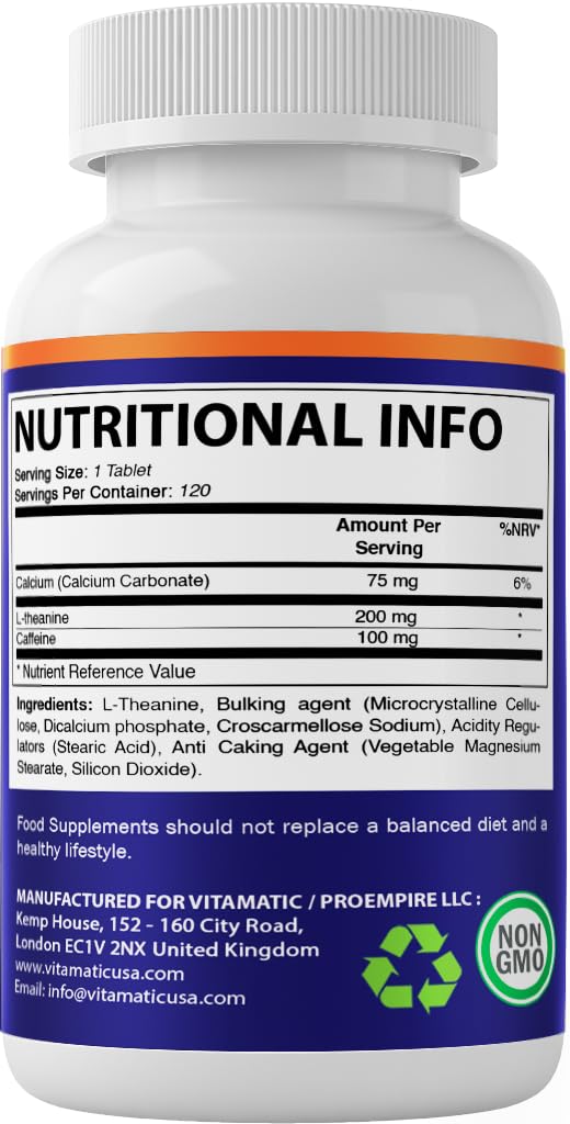Vitamatic L-Theanine 200mg with Caffeine 100mg 120 Vegetarian Tablets - Nootropic Supplement for Focused Energy