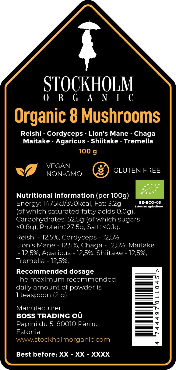 Organic 8 Mushroom Powder - Reishi, Cordyceps Militaris, Lion's Mane, Chaga, Maitake, Shiitake, Tremella, Agaricus, 100g, Stockholm Organic