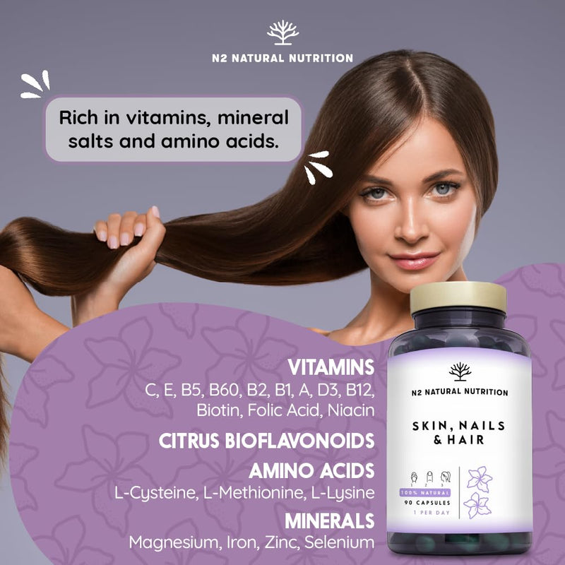 Hair Skin and Nails Supplement Biotin Hair Growth Nails Beard and Skin Care. Vitamins and Minerals for Women and Men. Fight Hair Loss 90 Capsules High Strength. N2 Natural Nutrition Biotin Skin and Nails