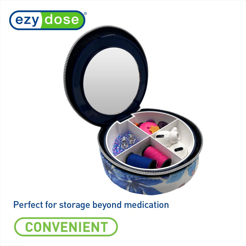 Ezy Dose Travel Pill Organizer with Built-in Mirror, Zipper Flower Case | Compact and Portable Medication Case for Daily Vitamins, Pills, and Medicine, Ideal for Travel and On-The-Go Use Small Mirrored Case