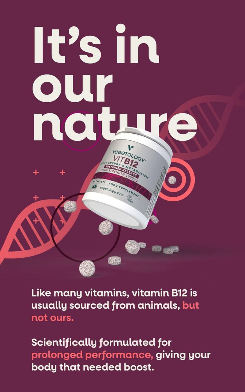 Vegetology Vegan Vitamin B12 1000 mcg - Sustained Release Tablets - Supports Normal Energy Metabolism & Nervous System Function - 60 Vegan Tablets, Made in The UK