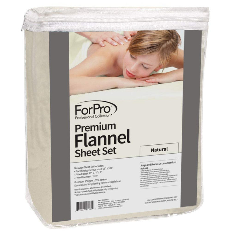 [Australia] - ForPro Premium Flannel 3-Piece Massage Sheet Set for Massage Tables, Includes Flat, Fitted Sheet, and Fitted Face Rest Cover, Natural 