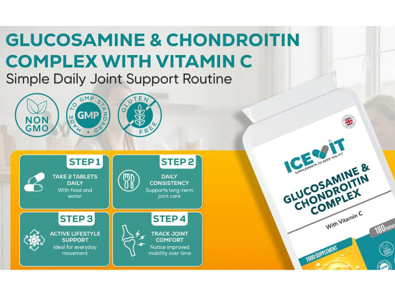 Glucosamine & Chondroitin Complex with Vitamin C – 180 Capsules – Joint Support Supplement – Glucosamine Sulphate & Chondroitin for Cartilage and Mobility – UK Made