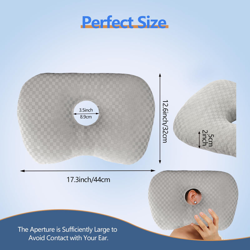 [Australia] - Ear Piercing Pillow with an Hole for CNH and Ear Pain Inflammation Pressure Sores for Side Sleepers, Cotton and Polyester Side Sleeper Pillow, Washable and Adjustable Ear Guard Pillow, Gray 17.3"x12.6"x2" 