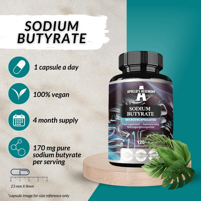 [Australia] - Sodium Butyrate 570 mg (30% butyric acid), 120 vegan capsules, 4 month supply, sodium supplement to support intestinal barrier regeneration and overall intestinal health - Apollo's Hegemony 