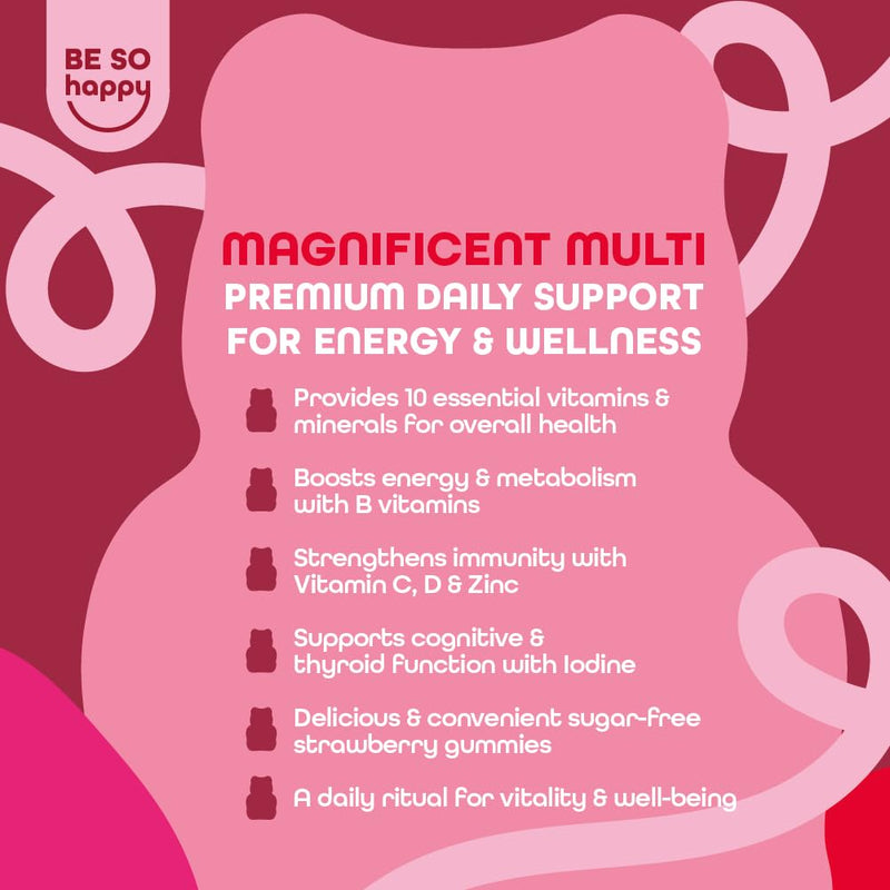 BeSoHappy® Multivitamin Gummies for Women 2 Month Supply, for Men Adults & Kids for Immune System, Tiredness and Fatigue with 10 Vitamins, A, B6, B12, C, D and E Vegan, Gluten and Lactose Free.