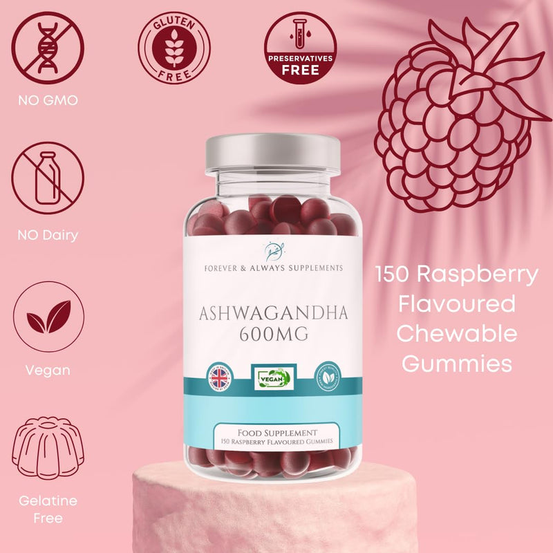 Ashwagandha High Strength Gummies (150) 1200mg per serv - Raspberry Flavoured Gummies for Adults - Sleep, Mind, Calm, Focus & Melatonin Support Supplements