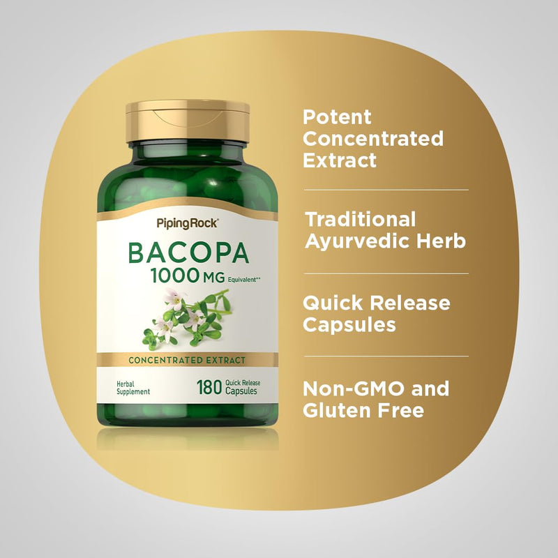 [Australia] - Piping Rock Bacopa Monnieri Supplement 1000mg | 180 Capsules | Herbal Extract |Non-GMO & Gluten Free 