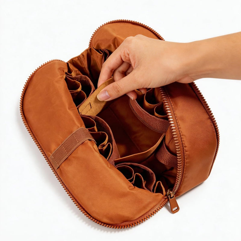 Travel Makeup Organizer Bag with Fold-Down Design, Adjustable Dividers, 27 Pockets & 3 Brush Holders, Large Capacity Cosmetic and Toiletry Organizer (Brown) Brown