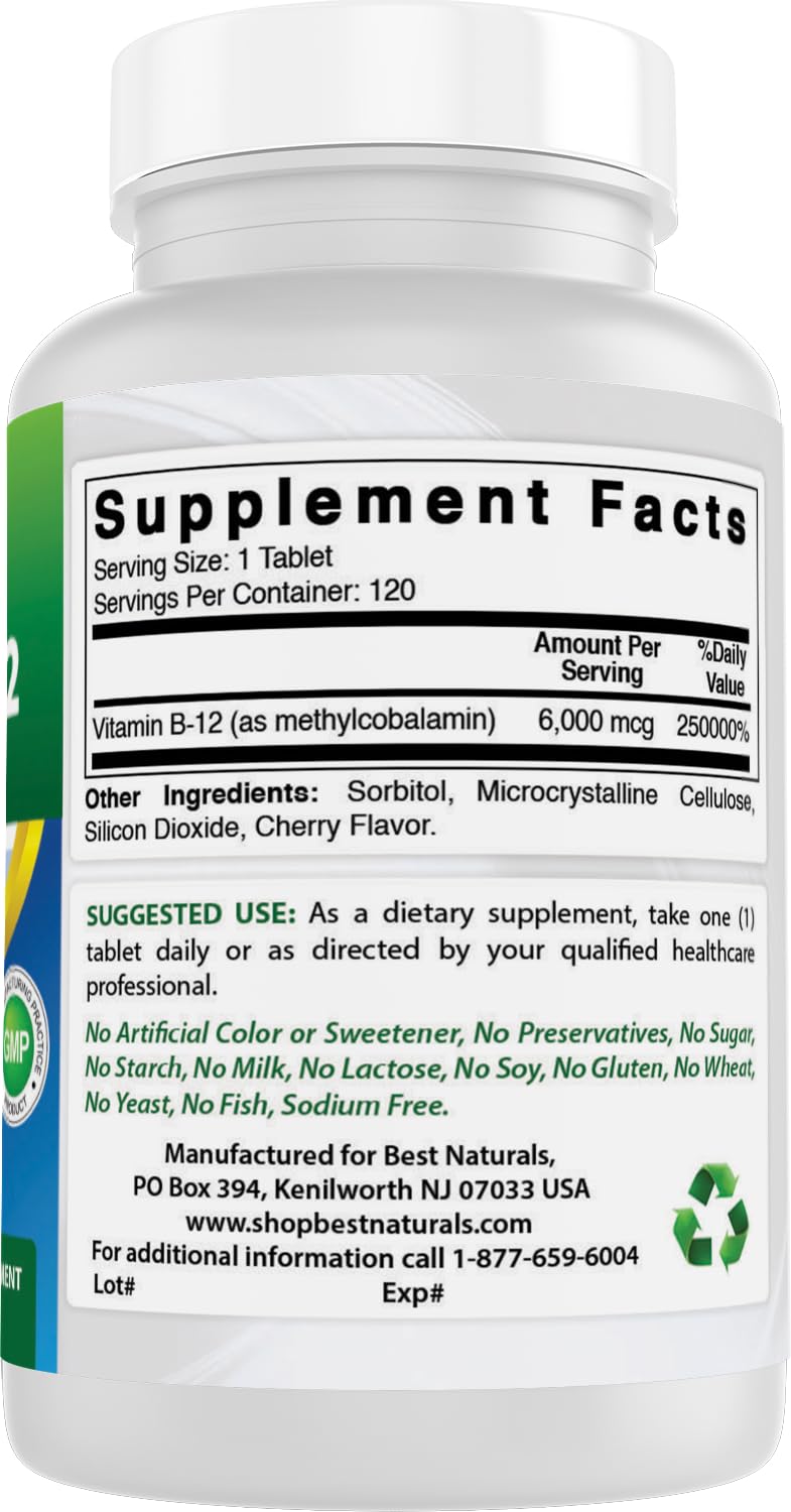 Best Naturals Vitamin B-12 as Methylcobalamin (Methyl B12), 6000 mcg 120 Sublingual Tablets (120 Count (Pack of 2))