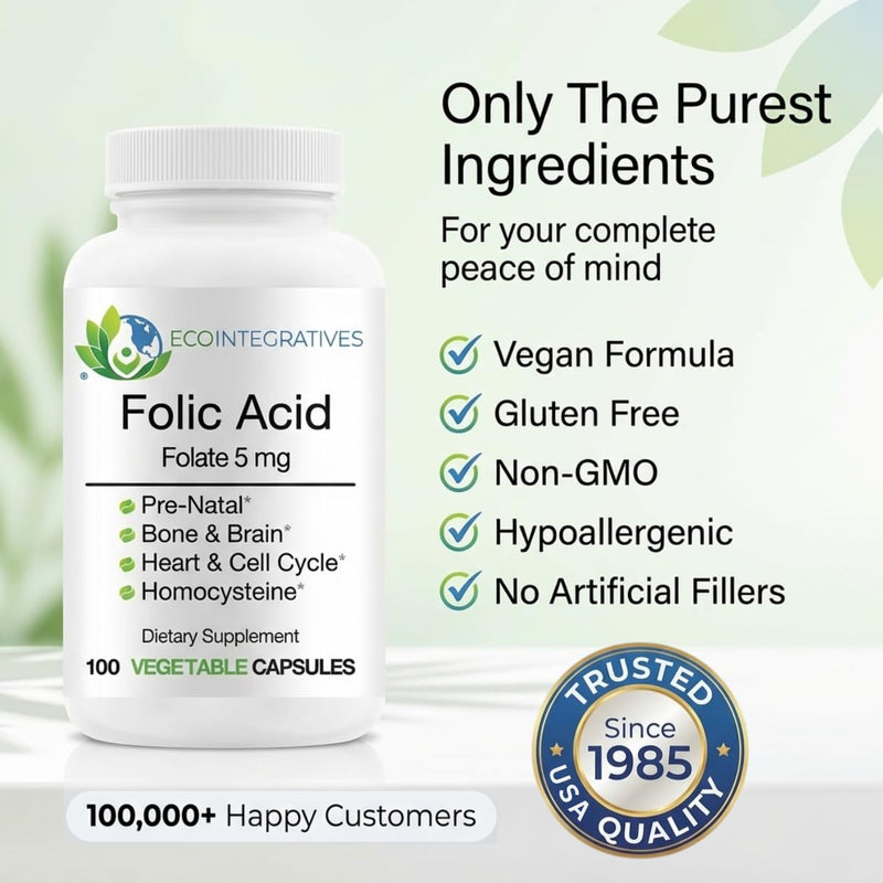 EcoIntegratives Folic Acid Folate 5mg (B9) Prenatal, Reproductive Health, Homocysteine, Metabolism, Cardiovascular, Bone, Immune Support, Allergen Free, Non GMO - 100 Vegan Capsules 1
