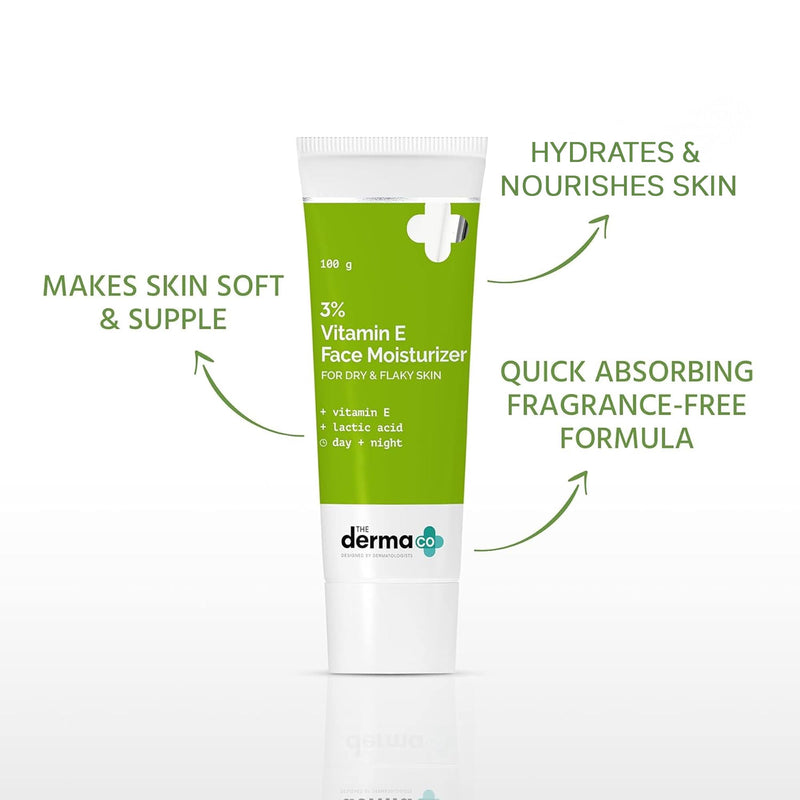 The Derma Co 3% Vitamin E Face Moisturizer for Dry & Flaky Skin | Soothes, Hydrates & Nourishes | Makes Skin Soft & Supple | Quick Absorbing, Fragrance-Free Formula | 3.53 Oz/100g