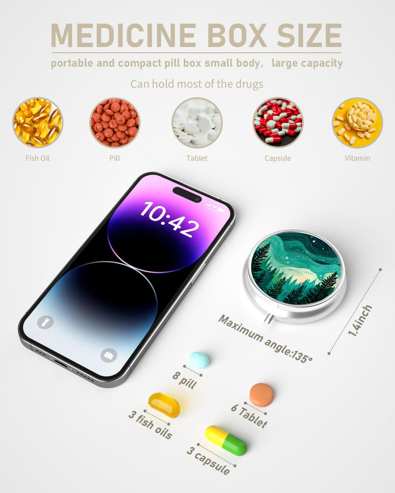 Pill Box, 3 Compartment Portable Travel Medicine Box with Mirror | Compact and Cute, Fits in Purse and Pocket, Medicine and Vitamin Organizer, Forests
