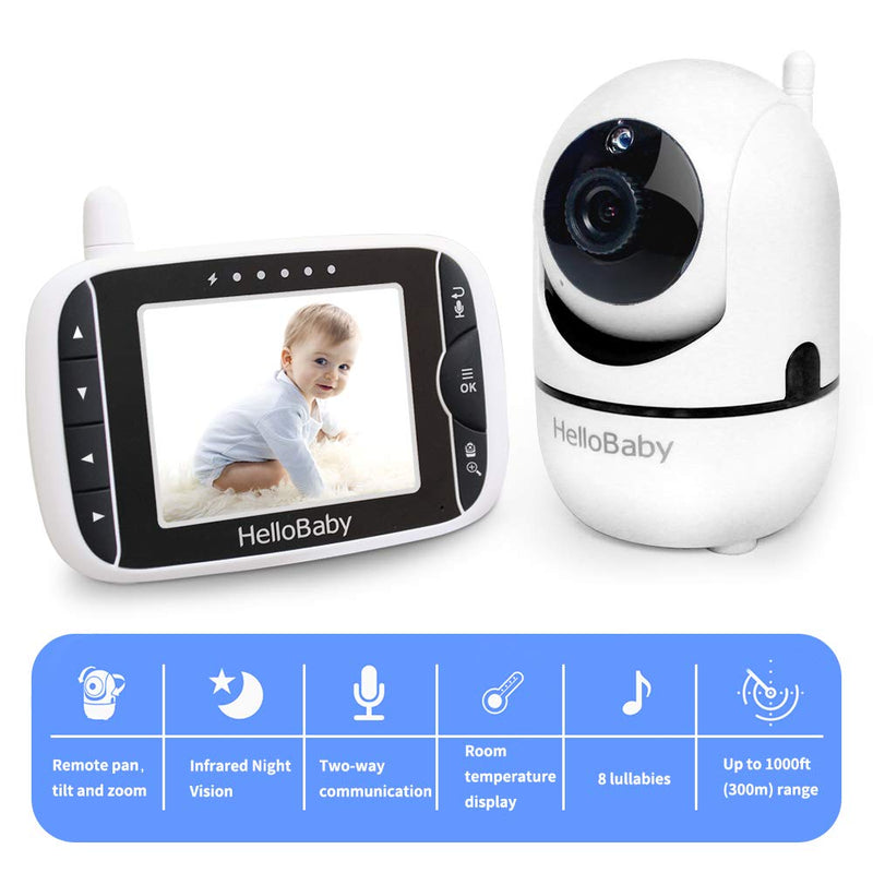 [Australia] - HelloBaby Video Baby Monitor with Remote Camera Pan-Tilt-Zoom, 3.2'' Color LCD Screen, Infrared Night Vision, Temperature Display, Lullaby, Two Way Audio 3.2 inches 