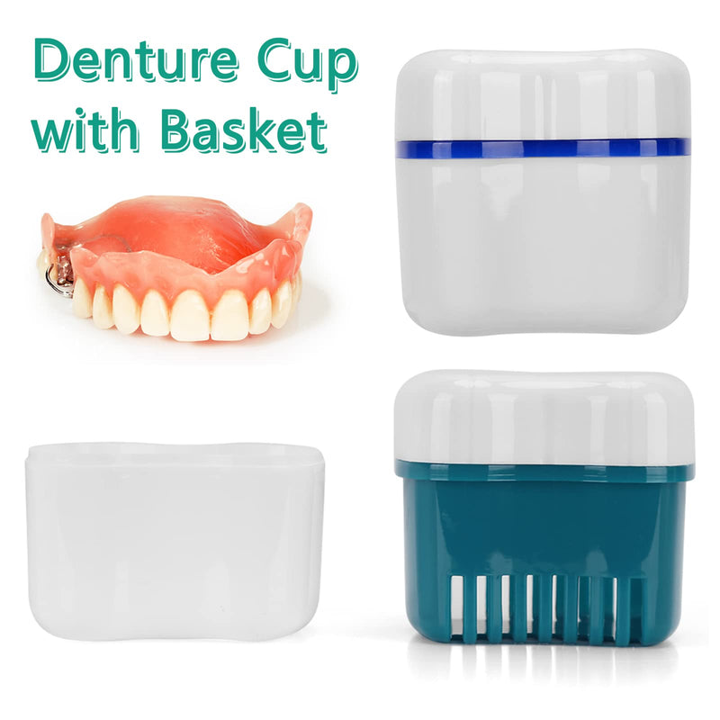 [Australia] - Denture Bath Cup and Brush Set - 2pcs Denture Case with Basket + 2pcs Denture Brush Portable Denture Storage Box Premium Hygiene Brushes for Oral Care 