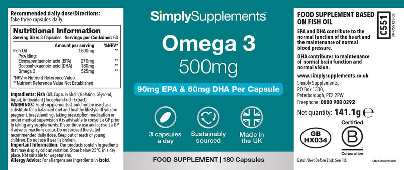 Omega 3 500mg | Supports Heart, Brain & Eye Health | Small, Easy-to-Swallow Softgel | Sustainably Sourced & Molecularly Distilled Fish Oil | 180 Softgel Capsules | UK-Made Unflavoured 180 count (Pack of 1)